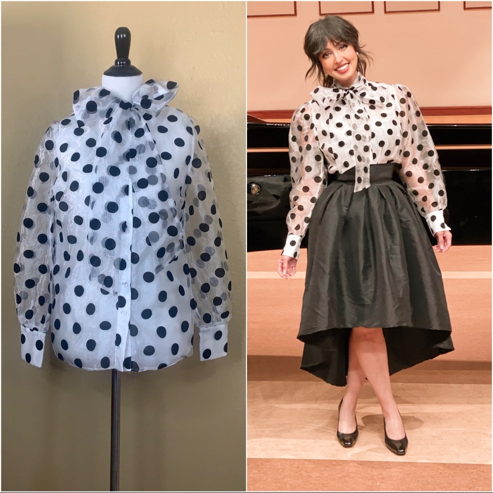 Sheer Polka Dot Statement Sleeve Self-Tie Blouse